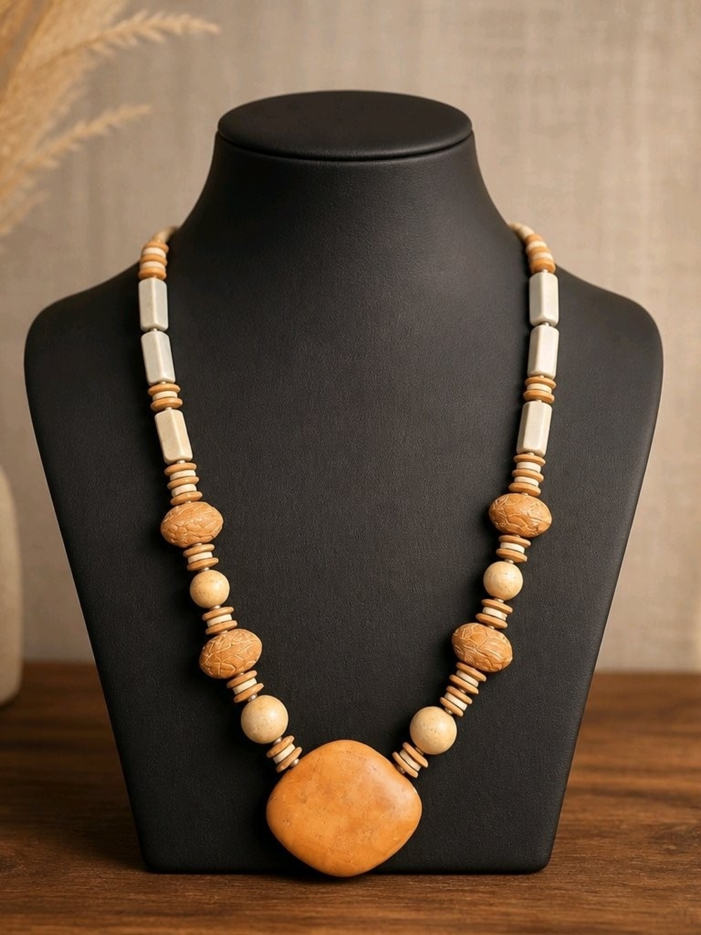 Neutral Tan Beaded Statement Necklace #c217